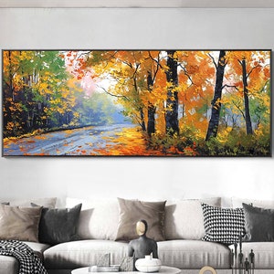 Forest Canvas Oil Painting Original Yellow Autumn Forest Painting Landscape Artwork Landscape Tree Painting Wall Decor Living Room Mural Art