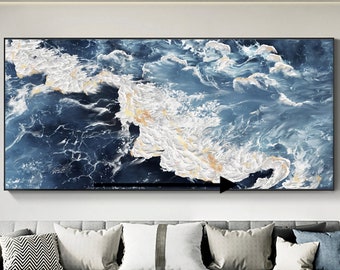 Gran lienzo de mar pintura al óleo hecho a mano paisaje de mar azul pintura abstracta de onda blanca pintura de mar texturizada regalo de la madre decoración de la sala de estar