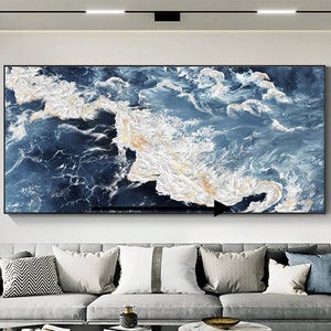 Großes Ölgemälde auf Leinwand, handgefertigt, blaue Meereslandschaft, abstrakte weiße Wellenmalerei, strukturiertes Meeresgemälde, Mutter-Geschenk, Wohnzimmer-Dekoration