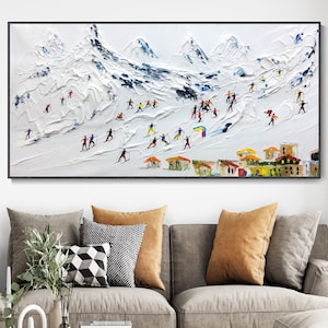 Original Ski Painting, Textured Wall Art Skiing Painting Custom Canvas Art Personalized Gifts Christmas Gift Skier on the Snowy Mountain Art