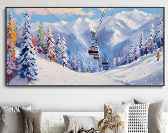 Peinture à l'huile sur toile de ski blanc, art texturé de station de ski, peinture à la main de pin coloré, art de sport de ski décor murale