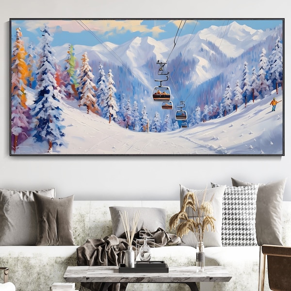 White Ski Canvas Oil Painting, Ski Resort Texture Art, Colorful Pine Tree Hand Painting, Ski Sport Art, Living Room Decor Art Newlywed Decor