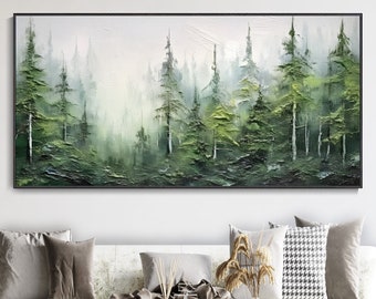 Quadro astratto della foresta verde, arte murale Wabi Sabi, quadro di abete del Colorado dipinto a mano, decor primaverile, arte murale