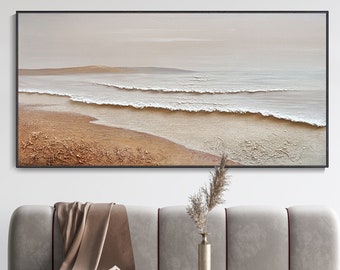 Wabi-Sabi Scenic Oil Painting Original Hand-Painted White Wave Impressionist Abstract Art Textured Beach Wall Hanging Living Room Decor