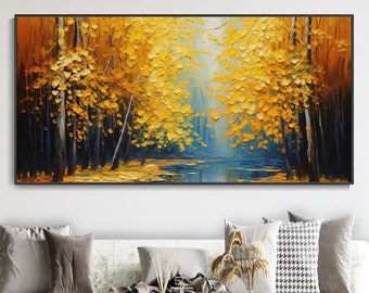 Blue Lake Autumn Forest Painting Abstract Landscape Forest Oil Painting Modern Wall Tree Decor Painting Living Room Decor Mural Yellow