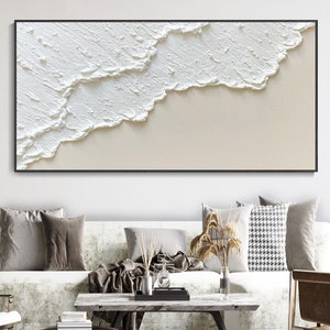 Pintura de playa minimalista 3D en blanco Pintura de pared con textura Pintura de olas marinas en lienzo Mural Wabi-Sabi Pintura de sala de