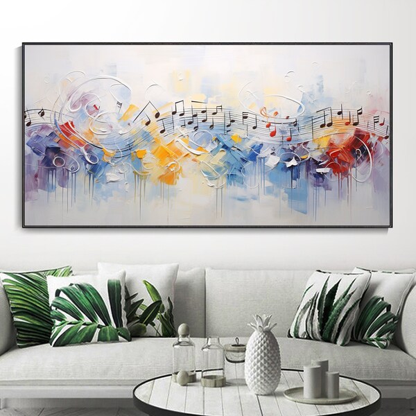 Cuadro abstracto de notas musicales en lienzo, arte de pared colorido para sala de estar, mural original personalizado, regalo único,