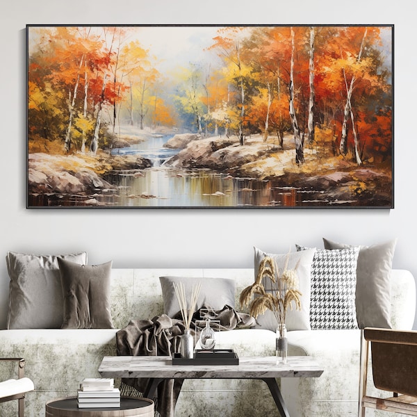 Cuadro Moderno de Otoño Bosque y Río en Lienzo Abstracto Decorativo para el Hogar Arte Original Sala Estar Árbol Pintado a Mano Naranja