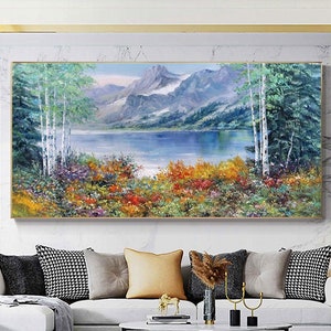 Large  Landscape Oil Painting Original Lake Water Mural Abstract Flower Painting Texture Tree Painting Modern Mountain Art Living Room Decor