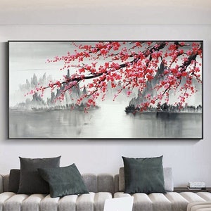 Large Chinese Style Oil Painting, Ink Style Painting, Landscape Painting, Pink Plum Blossom Painting, Housewarming Gift Handpainted Painting