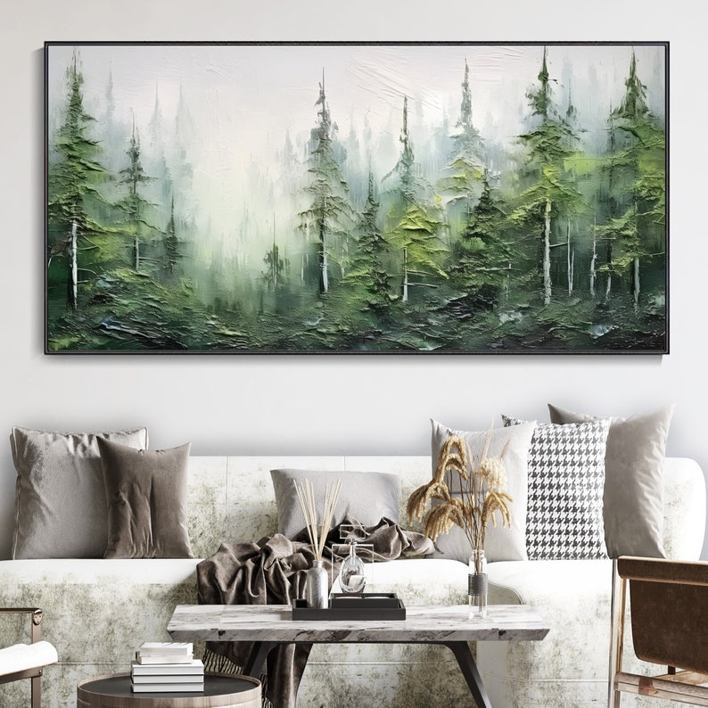 Abstract Landscape Hand Oil Painting Green Forest Plant Painting, Living Room Decor Painting Fashion Art tree Custom Painting Christmas Gift image 1