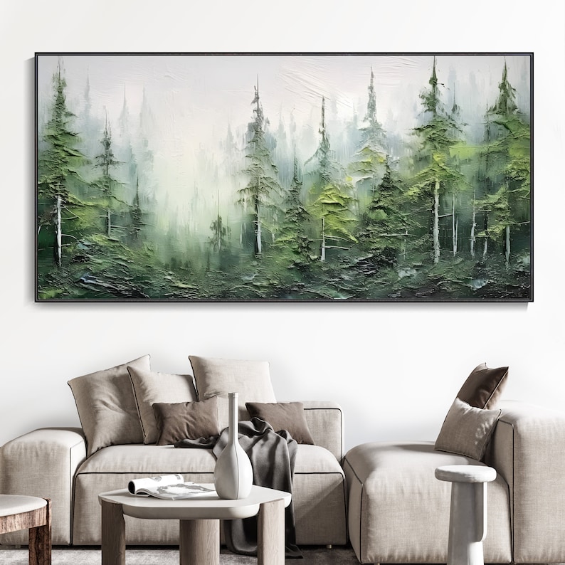 Abstract Landscape Hand Oil Painting Green Forest Plant Painting, Living Room Decor Painting Fashion Art tree Custom Painting Christmas Gift image 3
