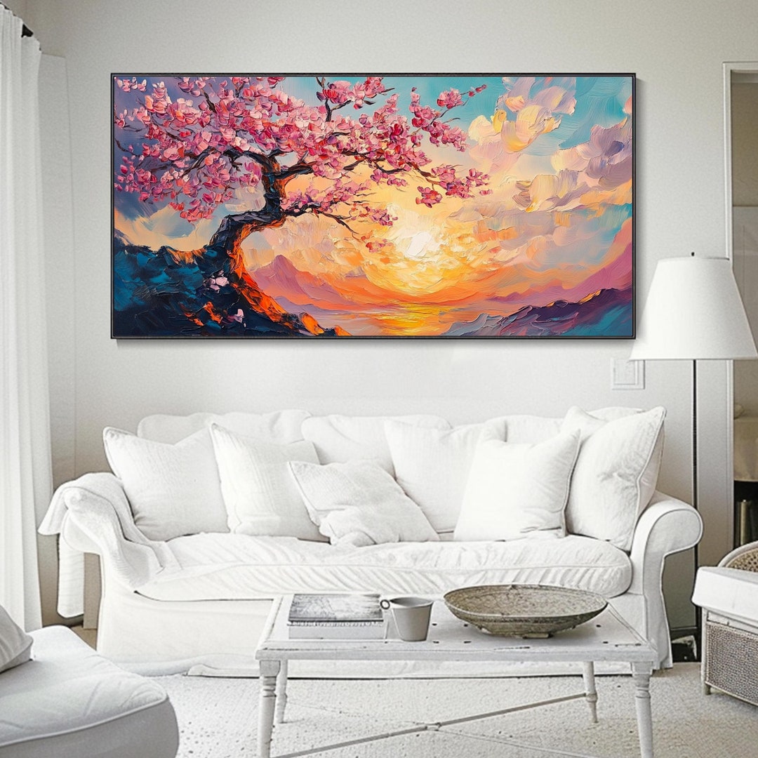 Three-dimensional Thick Texture Cherry Blossom Mural Canvas Sunset
