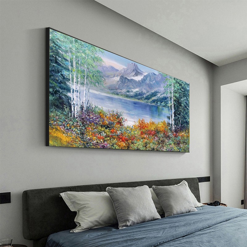 Large Landscape Oil Painting Original Lake Water Mural Abstract Flower ...