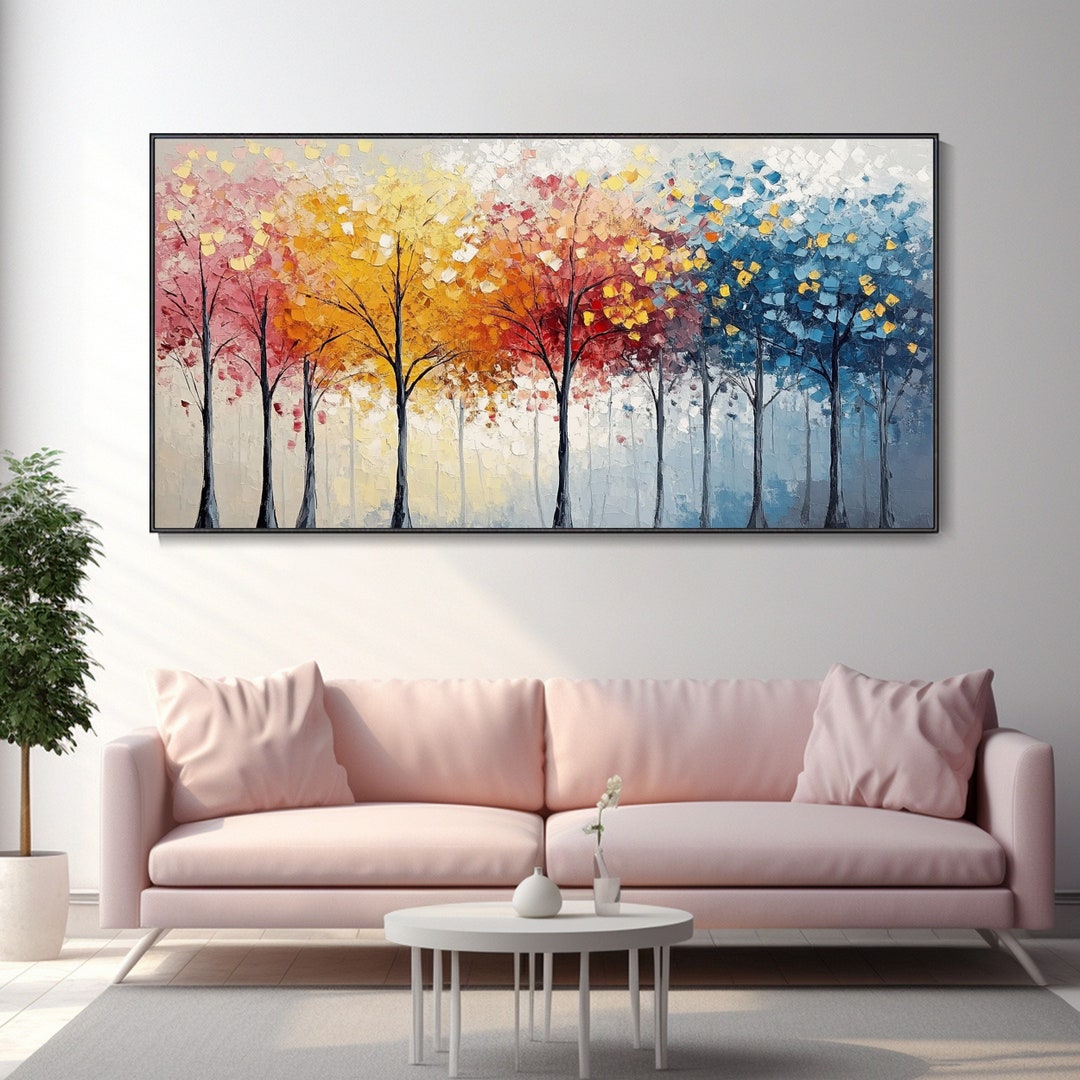 Colorful Forest Canvas Art, Chic Living Room Wall Decor, Boho Tree ...
