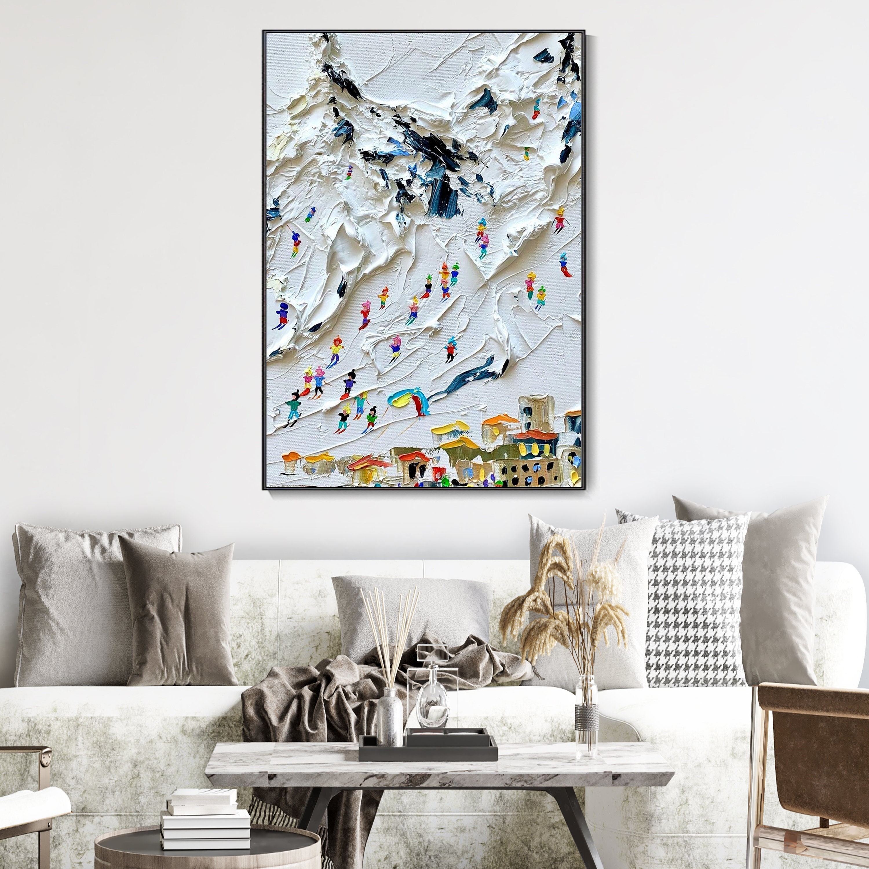 Snow Sports Texture Oil Painting Skier Architecture of Snowy - Etsy