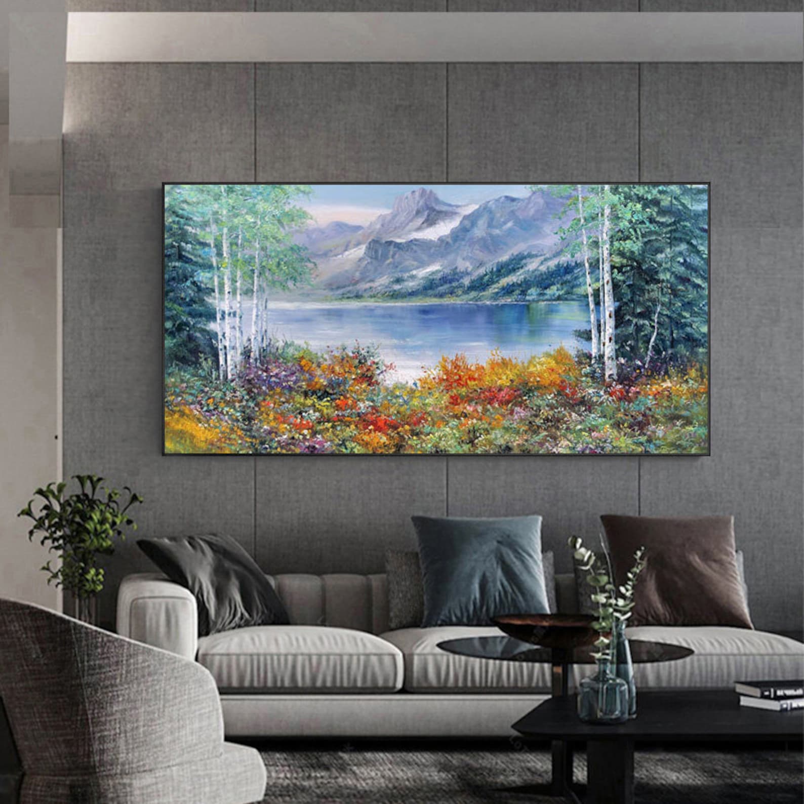 Large Landscape Oil Painting Original Lake Water Mural Abstract Flower ...