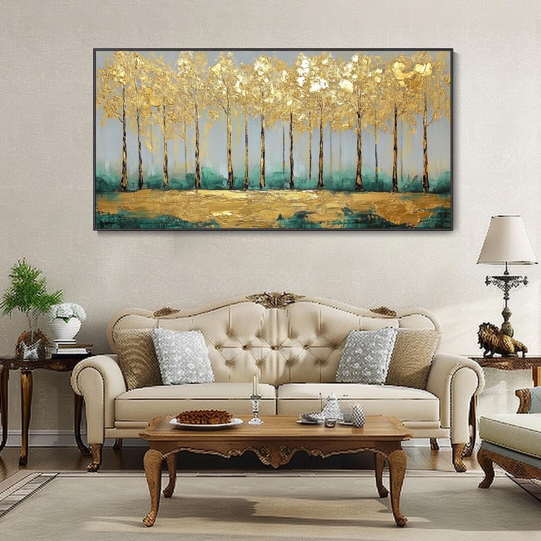 Golden Forest Oil Painting 3D Trees Thick Texture Original Large Canvas ...