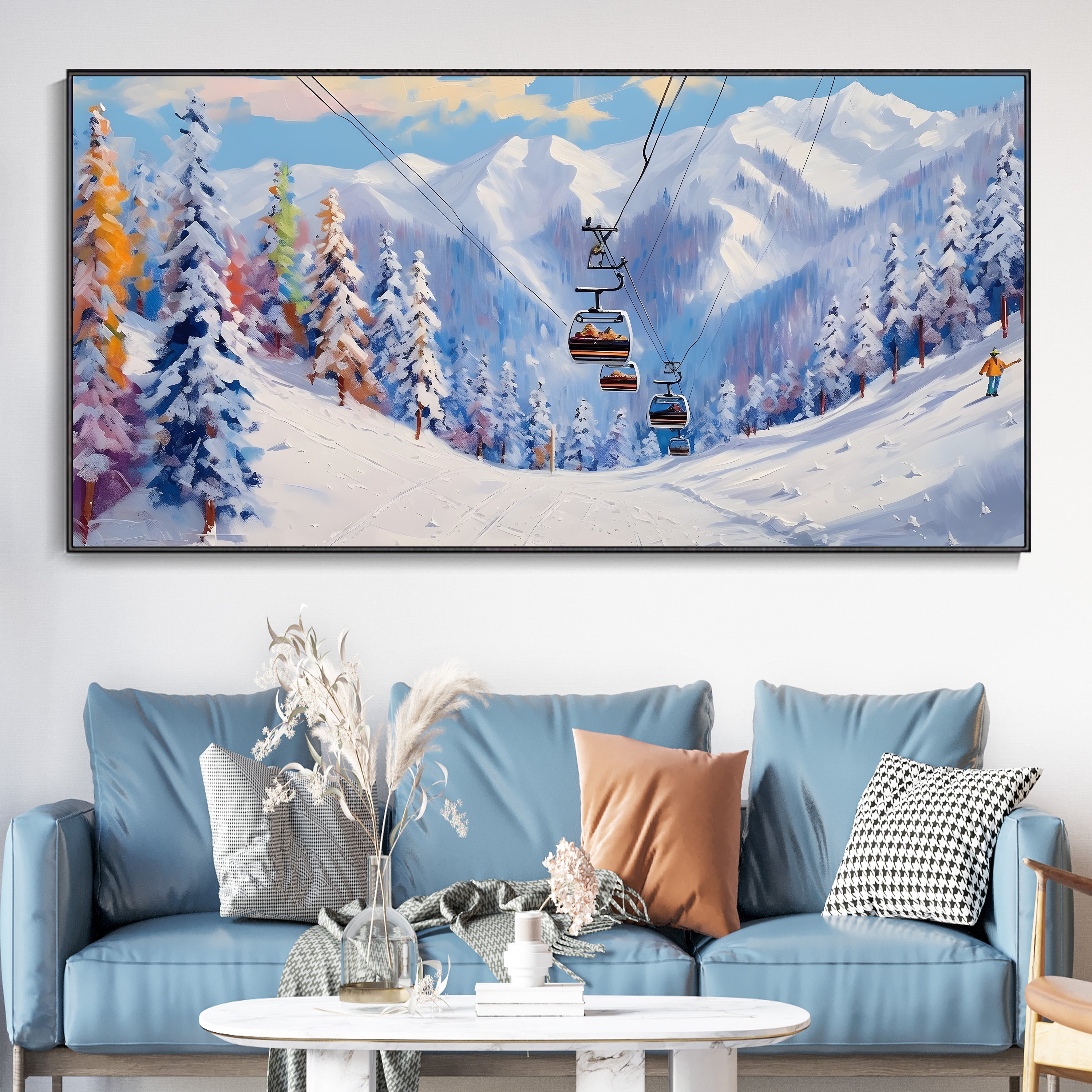 White Ski Canvas Oil Painting, Ski Resort Texture Art, Colorful Pine ...