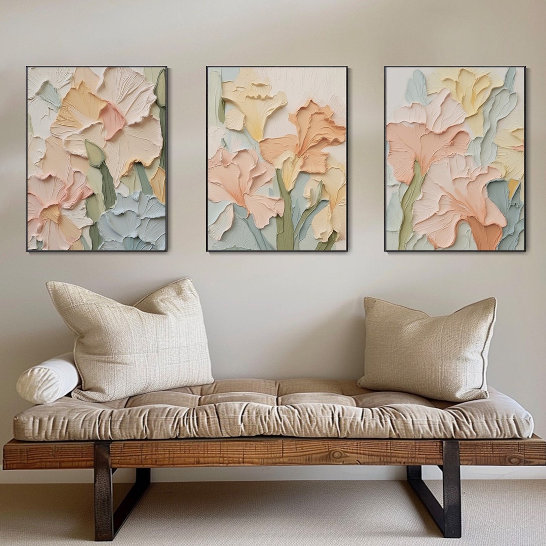 3D Original Floral Painting on Canvas Cream Textured Wall Art Abstract ...