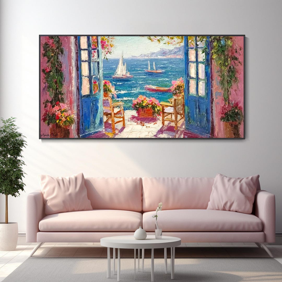 Mediterranean Landscape Oil Painting Floral Coastal Garden Wall Art ...