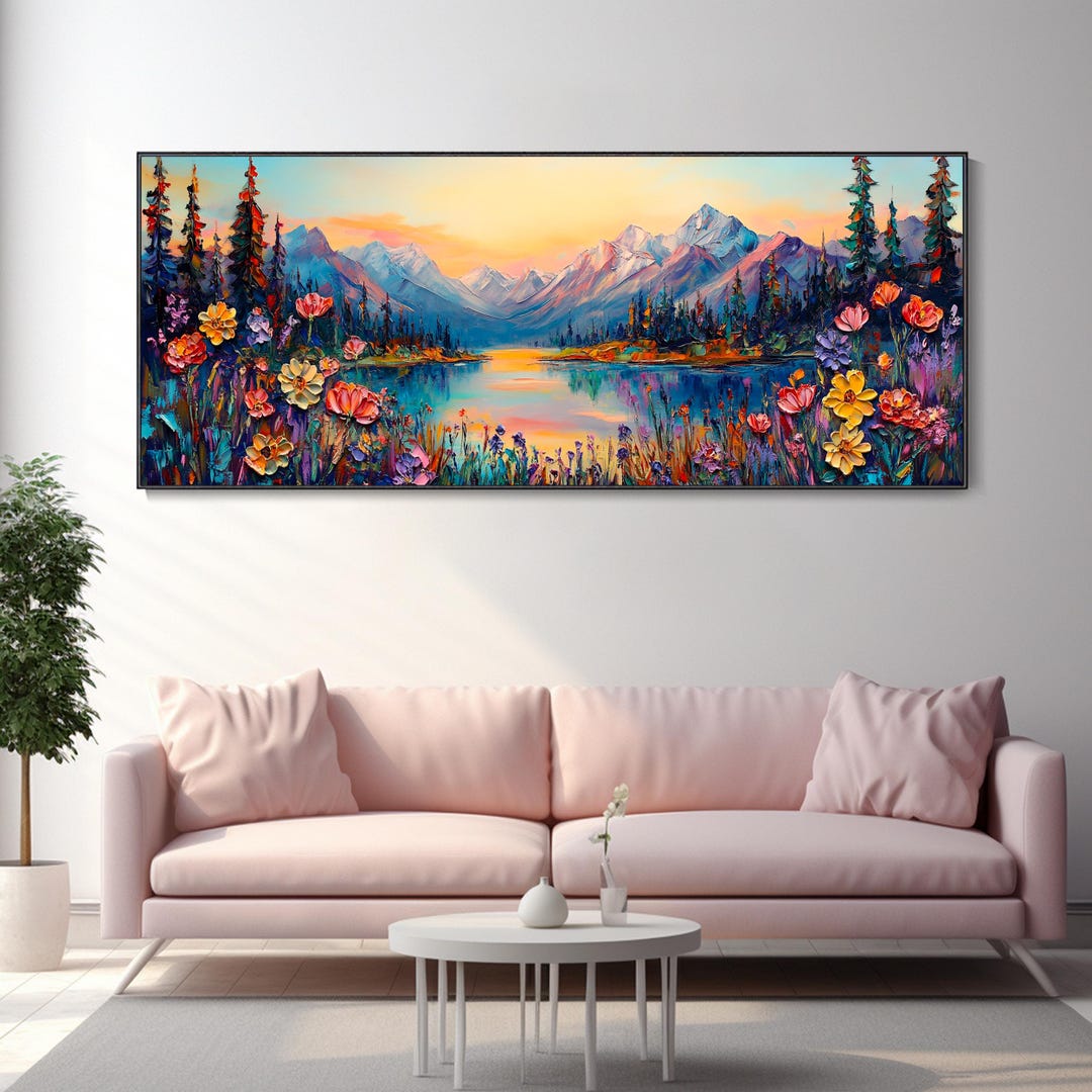 Lakeside Sunset Landscape Oil Painting Canvas Wildflower Field Texture ...