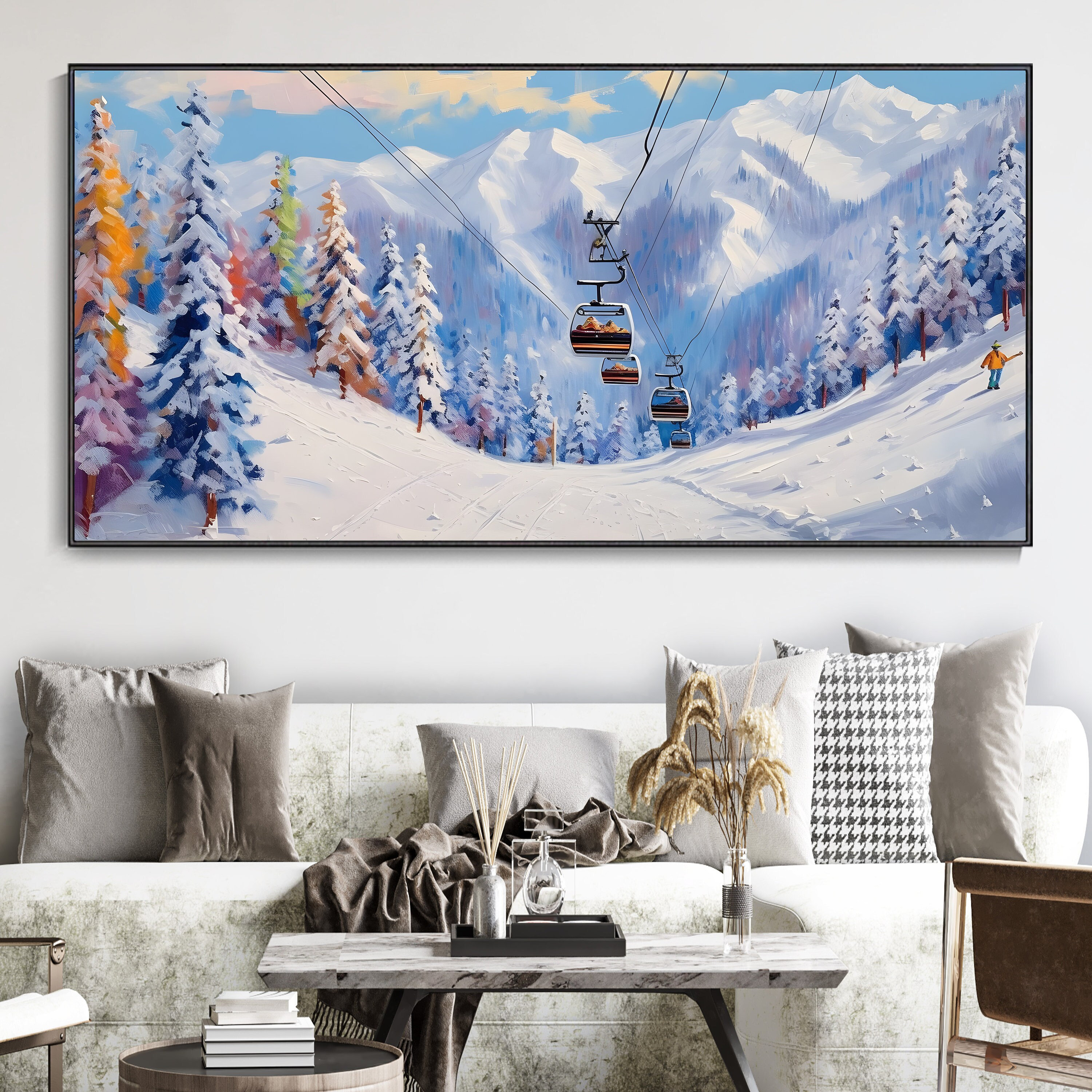 White Ski Canvas Oil Painting, Ski Resort Texture Art, Colorful Pine Tree Hand Painting, Ski Sport Art, Living Room Decor Art Newlywed Decor