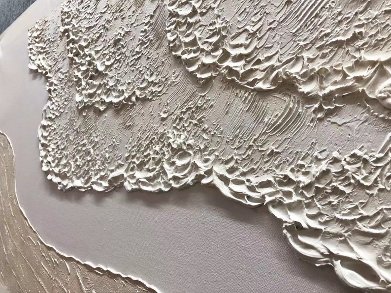 May include: Abstract painting with a textured, white and cream color palette. The paint is applied in thick layers, creating a three-dimensional effect.