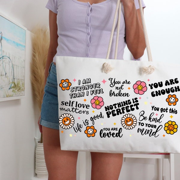 Large Weekender Tote Bag, Mental Health Tote Bag, Motivational Quotes Pattern Tote Bag, Getaway Bag, Motivational Gift For Her