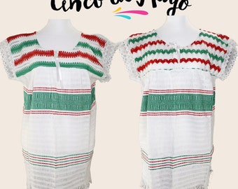 Women's blouse, Woven blouse made on a loom, Peasant blouse, traditional tricolor, perfect for cinco de mayo, size LARGE