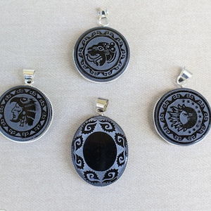 Engraved Obsidian Pendant: Aztec Mexica Necklace with Silver