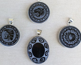 Engraved Obsidian Pendant: Aztec Mexica Necklace with Silver