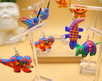 Handmade Alebrije Earrings, Oaxaca Folk Art, Silver-Plated Hook