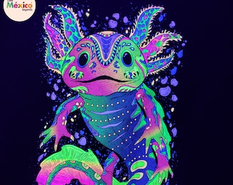 Axolotl T-shirt, Native lion, iguana T-shirt, Unique Screen-printing T-shirt, Mexican style, Mayan style, Aztec style, Glow in neon lights