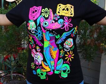 Dante from Coco shirt, Xoloitzcuintle double, Unique Screen-printing T-shirt, Mexican style, Mayan style, Aztec style, Glow in neon lights.