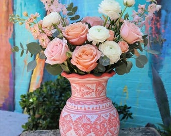 Vaso da fiori messicano in terracotta Talavera, fatto a mano, colore rosa, interno sigillato, 20 cm (8 pollici).