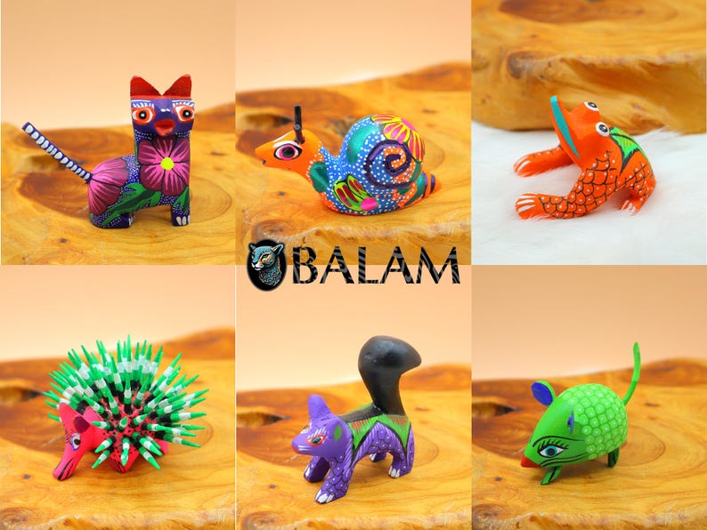 May include: Six hand-painted wooden animal figurines, including a cat, snail, frog, armadillo, squirrel, and mouse. The figurines are brightly colored and feature intricate details.