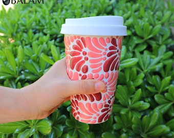 Talavera tumblers cup, Coffee thermal, Talavera Mug with silicon lid, Mexican Talavera thermal cup, Travel tumbler. 14 oz-400ml