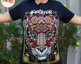 Warrior T-shirt, saber-tooth, Unique Screen-printing T-shirt, Mexican style, Mayan style, Aztec style, Glow in neon lights, unique shirt.