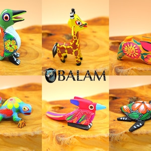 May include: Six colorful wooden animal figurines, including a bird, giraffe, rabbit, lizard, bird, and turtle. Each figurine is hand-painted with bright colors and intricate details.
