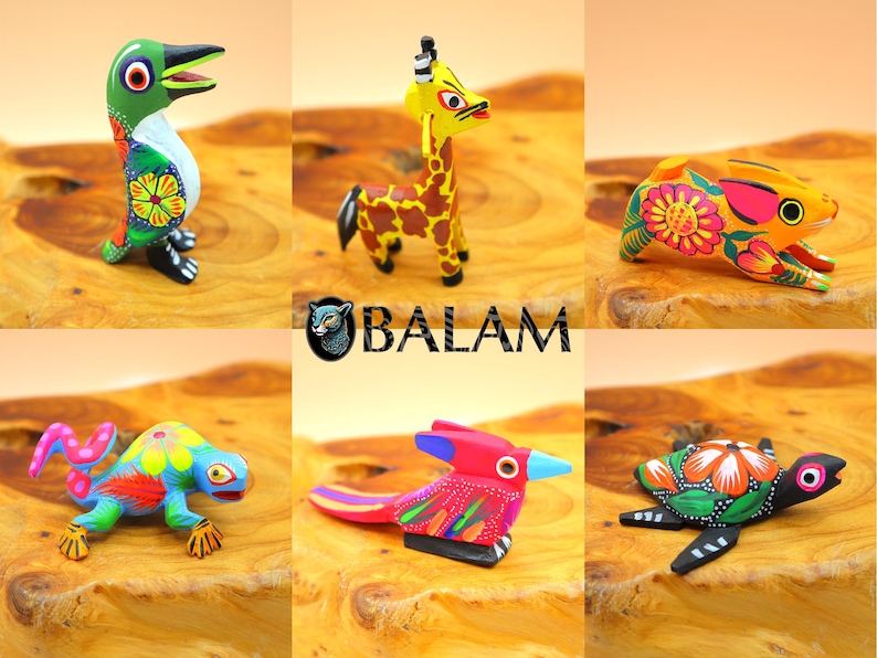 May include: Six colorful wooden animal figurines, including a bird, giraffe, rabbit, lizard, bird, and turtle. Each figurine is hand-painted with bright colors and intricate details.