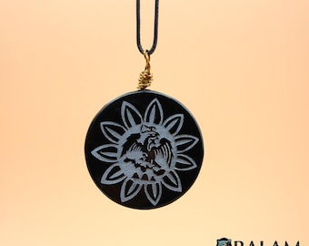 Handmade Obsidian Mexica Pendant Necklace, Eagle Sun Design