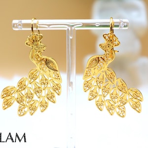 Aretes de pavo real, Aretes de filigrana mexicana, Aretes Frida Khalo, Filigrana Oaxaca, Filigrana bañada en oro.