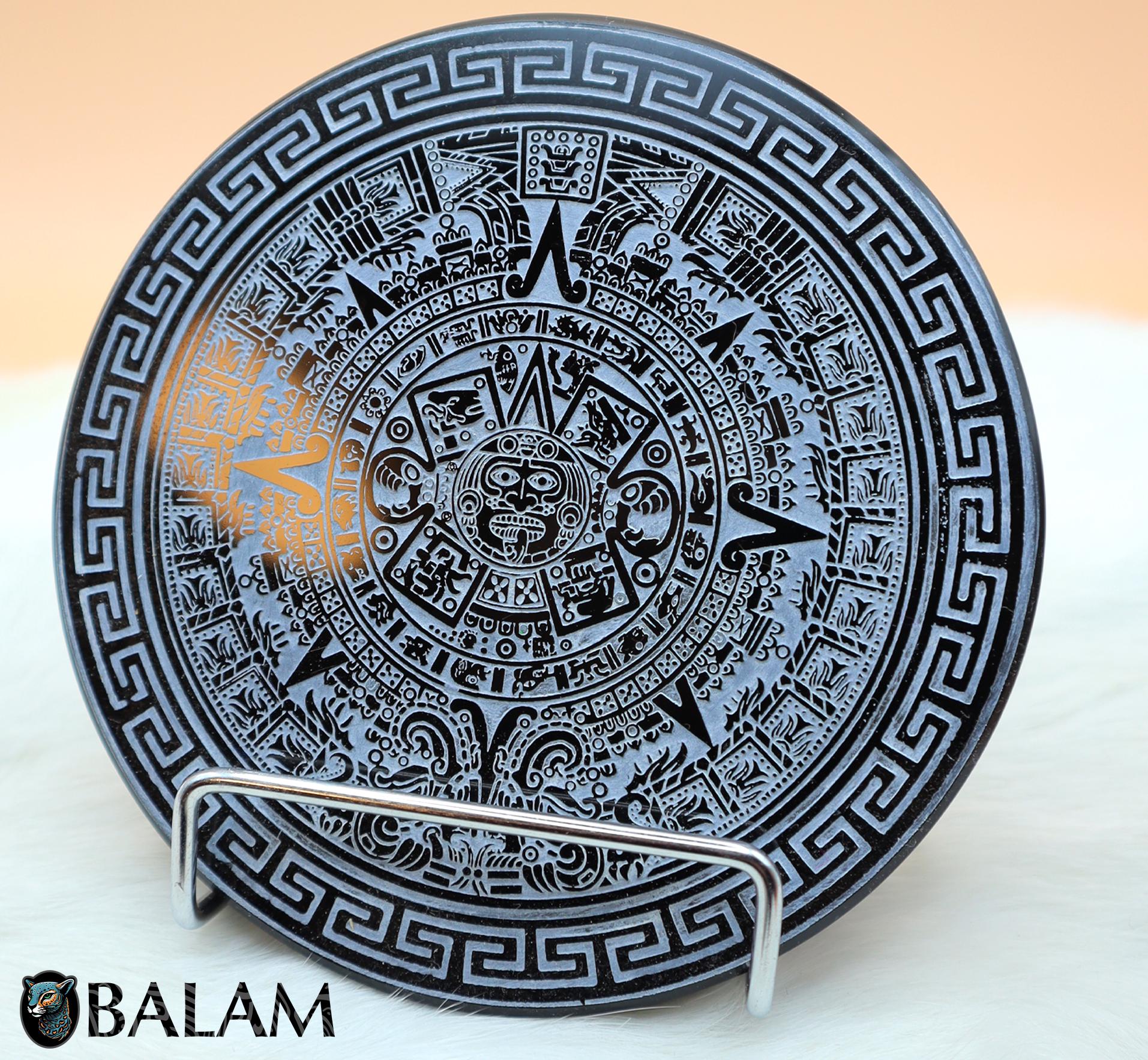 Hand Carved Aztec Calendar, Black Obsidian Mirror, Mexica Symbols