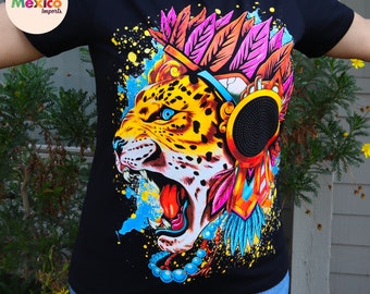 Jaguar T-shirt, Panther T-shirt, lion shirt, Unique Screen-printing T-shirt, Mexican style, Mayan style, Aztec style, Glow in neon lights