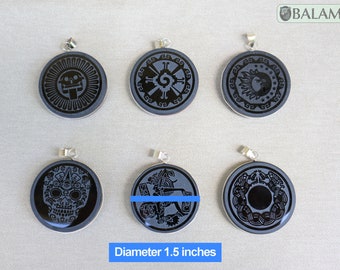 Obsidian pendant, stone for necklace, Obsiana Mexica, Obsidian pendant and silver. Engraved Mictlantecuhtli, Hunab ku, Eclipse, Skull.