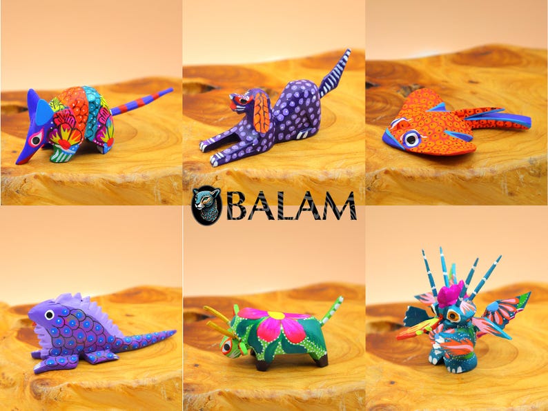 May include: Six colorful wooden animal figurines, including an armadillo, a dog, a fish, a lizard, a bull, and a dragon. The figurines are painted in bright colors and have intricate details. The figurines are arranged on a wooden surface. The word "BALAM" is printed in the center of the image.