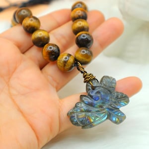 Quetzalcoatl necklace, Ceremonial Necklace, Aztec deity, Kukulcan Mayan deity, Labradorite carved, tigers&#39; eye beads. Read DESCRIPTION