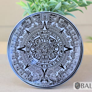 Aztec Black Obsidian Mirror, Mexica symbols, Engraved Ixchel, Hunab Ku, Sun stone or Aztec Calendar, Huitzil, 4.75 inches-Read Description