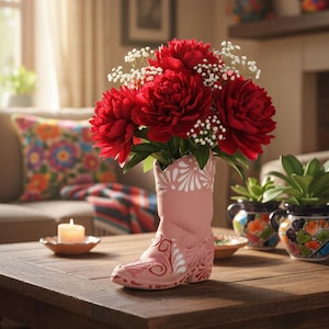 Könnte beinhalten: Eine rosa Keramik-Cowboystiefel-Vase gefüllt mit leuchtend roten Blumen und weißen Füllblumen. Der Stiefel hat ein dekoratives Blumendesign. Die Anordnung steht auf einem dunklen Holztisch, mit anderen dekorativen Gegenständen im Hintergrund.